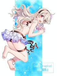  :d barefoot bikini black_hairband corrin_(female)_(fire_emblem) corrin_(female)_(summer)_(fire_emblem) corrin_(fire_emblem) female fire_emblem fire_emblem_fates fire_emblem_heroes flower flower_necklace full_body hairband highres hiyori_(rindou66) lei long_hair looking_at_viewer looking_back official_alternate_costume open_mouth pointy_ears red_eyes smile solo swimsuit teeth thigh_strap upper_teeth_only white_hair 