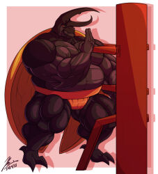  2018 anthro arthropod asian_clothing beetle big_muscles black_body blue_eyes clothing east_asian_clothing hercules_beetle insect_wings insects japanese_clothing male mawashi musclegut muscular muscular_anthro muscular_male orange_clothing pecs rhinoceros_beetle scarabaeid simple_background solo sumo training training_dummy wings wrestler yongdasom 