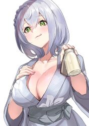  :p bottle breasts cleavage female highres holding_glass_bottle hololive japanese_clothes large_breasts medium_hair milk milk_bottle nochita_shin shirogane_noel simple_background solo tongue tongue_out virtual_youtuber white_background 