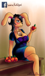  2017 alexa_dragon anthro apple black_eyes black_hair black_nose blush breasts brown_body brown_fur chest_tuft cleavage clothed clothing crossed_legs dress ears_down eyewear female food fruit fur furniture glasses hair holding_food holding_object janice_flynn lagomorph leporid long_ears long_hair mammal on_table pivoted_ears plant rabbit signature simple_background sitting sitting_on_table solo table teacher tuft 