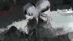  1boy 2b_(nier:automata) 9s_(nier:automata) back-to-back black_blindfold black_choker black_coat black_dress black_gloves black_hairband black_shorts blindfold blood blood_stain breasts buttons chinese_commentary choker cleavage cleavage_cutout clothing_cutout coat collared_coat commentary_request cowboy_shot diamond_choker double-breasted dress elbow_gloves expressionless female gloves grass hairband highres lace-trimmed_dress lace_trim large_breasts lipstick long_dress long_sleeves makeup mole mole_under_mouth nier:automata nier_(series) outdoors parted_lips short_hair shorts sitting sunlight sxx7_sxx7 teeth tombstone turtleneck turtleneck_dress white_hair 