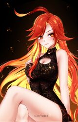  ahoge alternate_costume black_dress breasts cleavage crossed_legs dress earrings female genshin_impact highres jewelry long_hair looking_at_viewer mavuika_(genshin_impact) multicolored_hair orange_eyes orange_hair orange_pupils red_hair sleepycake smile solo sun_earrings symbol-shaped_pupils two-tone_eyes two-tone_hair very_long_hair 