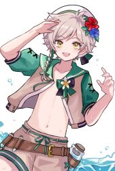  1boy braid clanne_(fire_emblem) clanne_(summer)_(fire_emblem) fire_emblem fire_emblem_engage fire_emblem_heroes flower green_eyes green_hair hair_flower hair_ornament highres jar male_focus navel official_alternate_costume single_braid solo vial yuurururun 