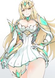  blonde_hair breasts chest_jewel cleavage cleavage_cutout closed_mouth clothing_cutout commentary_request cowboy_shot dress earrings elbow_gloves female gloves hand_on_own_hip highres jewelry large_breasts light_smile long_hair looking_at_viewer mythra_(xenoblade) short_dress side_cutout simple_background solo swept_bangs thigh_strap tiara ug333333 very_long_hair white_background white_dress white_gloves xenoblade_chronicles_(series) xenoblade_chronicles_2 yellow_eyes 