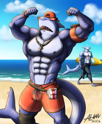  abs absurd_res alkan anthro beach big_pecs blue_body bottomwear clothed clothing duo epic_games eyewear fish flexing fortnite hat headgear headwear hi_res male male/male marine multicolored_body muscular muscular_anthro muscular_male navel nipples open_mouth pecs safety_first_steve_(fortnite) shark sunglasses swimwear swimwear_only teron_(alkan) topless topless_anthro topless_male two_tone_body 