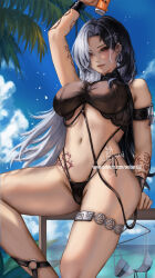  adapted_costume alternate_costume arm_above_head artist_name bikini bikini_top_only black_bikini black_hair blue_sky branch breasts clothes_hanger cloud commentary day ear_piercing english_commentary female flower_tattoo goddess_of_victory:_nikke hair_ornament hairclip highres holding_tube jewelry large_breasts lips long_hair looking_at_viewer lotion mixed-language_commentary multicolored_hair navel on_railing outdoors parted_lips piercing pink_lips railing red_eyes rosanna_(chic_ocean)_(nikke) rosanna_(nikke) signature sitting sky solo split-color_hair stomach_tattoo sunscreen swimsuit tattoo thighlet web_address wei_(promise_0820) white_bikini white_hair wrist_tattoo 