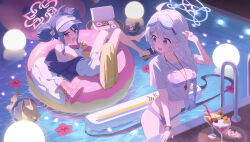  2girls absurdres ahoge bikini blue_archive blue_eyes blue_halo blush braid breasts canine cherry commentary crocs double_bun doughnut drink drinking_straw flower_on_liquid food fruit fubuki_(blue_archive) fubuki_(swimsuit)_(blue_archive) hair_bun halo highres holding holding_food innertube jacket kirino_(blue_archive) kirino_(swimsuit)_(blue_archive) long_hair lying medium_breasts megaphone multiple_girls navel official_alternate_costume one-piece_swimsuit open_mouth outdoors pink_halo pool purple_bikini same_(samefgo) shirt sidelocks smile standing swim_ring swimsuit symbol-only_commentary tied_shirt towel visor_cap wading watch water wet wet_clothes wet_shirt white_hair white_one-piece_swimsuit white_shirt wristwatch 