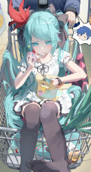  1boy 39 :p absurdres aqua_eyes aqua_hair aqua_nails belt black_bow black_ribbon black_thighhighs blue_hair blue_jacket blush bow box commentary dress female food foot_out_of_frame hair_ornament hair_ribbon hairbow hand_up hatsune_miku highres holding holding_food hya_ro jacket kaito_(vocaloid) light_smile long_hair long_sleeves muffin neck_ribbon no_shoes puffy_short_sleeves puffy_sleeves red_ribbon ribbon shirt shopping_cart short_sleeves sitting sparkle spring_onion thighhighs tongue tongue_out twintails very_long_hair vocaloid white_dress white_shirt world_is_mine_(vocaloid) 