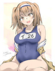  blue_one-piece_swimsuit blush breasts brown_eyes brown_hair clothes_writing dated female gakky hairband highres i-26_(kancolle) jacket kantai_collection large_breasts light_brown_hair long_hair looking_at_viewer name_tag new_school_swimsuit one-piece_swimsuit open_mouth sailor_collar school_swimsuit short_sleeves signature sitting smile solo swimsuit swimsuit_under_clothes two-tone_hairband two_side_up white_background 