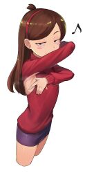  absurdres armpit_cutout armpits brown_hair clothing_cutout commentary gravity_falls highres kahnapuf mabel_pines miniskirt presenting_armpit skirt sweater turtleneck white_background 