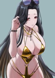  ankoh bare_shoulders bikini black_hair black_nails breasts eyewear_on_head female goddess_of_victory:_nikke gold_bikini highres jewelry key large_breasts long_hair looking_at_viewer maiden_(nikke) maiden_(under_the_sun)_(nikke) nail_polish necklace parted_bangs red_eyes solo sunglasses swimsuit 