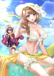  2girls :d animal_hood bare_shoulders bear_hood bernadetta_von_varley bernadetta_von_varley_(summer) bikini blue_sky bow braid breasts bridal_garter brown_eyes brown_hair cleavage cloak cloud day dress fire_emblem fire_emblem:_three_houses fire_emblem_engage fire_emblem_heroes goldmary_(fire_emblem) goldmary_(summer)_(fire_emblem) hat highres hood hooded_cloak kakiko210 large_breasts long_hair looking_at_viewer mole mole_on_breast multiple_girls navel ocean official_alternate_costume open_mouth outdoors purple_bikini purple_cloak purple_dress purple_hair sarong see-through short_dress side_ponytail sitting sky smile stomach swimsuit thighs white_bikini white_hat yellow_bow 