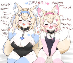  2girls :3 :d animal_ear_fluff animal_ears animal_hands animal_nose arms_between_legs bandaid bandaid_hair_ornament black_collar black_one-piece_swimsuit blonde_hair blue_hair blue_hairband blush breasts cleavage closed_eyes collar commentary_request covered_navel dog_ears dog_girl dog_tail english_text engrish_text fake_horns fangs furrification furry furry_female fuwawa_abyssgard hair_ornament hairband hairclip highres hololive hololive_english horned_headwear horns kani_bonara large_breasts long_hair mococo_abyssgard multicolored_hair multiple_girls one-piece_swimsuit pawpads pink_hair pink_hairband playboy_bunny ranguage short_hair siblings simple_background sisters sitting small_breasts smile streaked_hair swimsuit tail twins twintails two_side_up virtual_youtuber white_background x_hair_ornament 