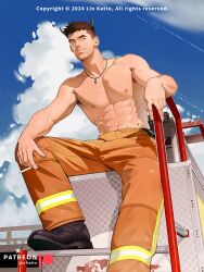  1boy abs absurdres armpit_hair armpit_hair_peek bara black_footwear brown_hair bull_firefighter_(katto) cigarette cloud ear_piercing facial_hair firefighter goatee_stubble hand_on_own_knee highres holding holding_cigarette horns jewelry katto8452 looking_to_the_side male_focus muscular muscular_male mustache_stubble navel nipples orange_pants original pants patreon_username pectorals pendant piercing scar scar_on_face short_hair sitting solo stomach_tattoo stubble tattoo topless_male undercut 