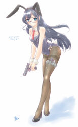  animal_ears black_hair black_leotard black_pantyhose blue_eyes breasts commentary_request detached_collar fake_animal_ears female full_body gun highres kantai_collection koshigaya_tatsumi leotard long_hair necktie ooyodo_(kancolle) pantyhose playboy_bunny rabbit_ears rabbit_tail red_necktie small_breasts solo strapless strapless_leotard tail thighband_pantyhose weapon weapon_request wrist_cuffs 