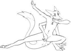  animated anthro dancing gemini_the_sergal gesture hand_gesture humanoid_pointy_ears low_res male monochrome movement multi_arm multi_limb raised_tail sergal solo tail topazknight 