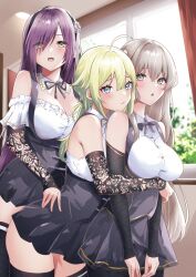  3girls :3 :o ahoge amano_soraha assault_lily bare_shoulders black_hairband black_ribbon black_skirt black_thighhighs blonde_hair blue_eyes blurry blurry_background blush breasts buttons ceiling ceiling_light cleavage closed_mouth collared_shirt commentary_request cowboy_shot day detached_collar detached_sleeves egawa_kusumi eyes_visible_through_hair flower frilled_shirt frilled_sleeves frills girl_sandwich green_eyes grey_eyes grey_hair hair_between_eyes hair_flower hair_ornament hair_over_one_eye hairband hand_on_another&#039;s_hip head_on_another&#039;s_shoulder heads_together highres houji_tea_latte hug hug_from_behind indoors lace-trimmed_thighhighs lace_sleeves large_breasts leaning_forward leaning_on_person long_hair long_sleeves looking_at_viewer low_ponytail maki_wakana miniskirt multiple_girls neck_ribbon off-shoulder_shirt off_shoulder panties pantyshot parted_lips ponytail purple_hair raised_eyebrows ribbon rose sandwiched school_uniform shirt short_sleeves skirt sleeveless sleeveless_shirt smile standing suspenders thighhighs underwear v_arms very_long_hair white_flower white_panties white_rose window yuri yurigaoka_girls_academy_school_uniform 