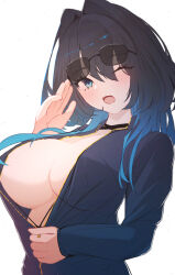  ;d alternate_costume bikini black_hair blue_eyes blue_hair blue_jacket blush breasts cleavage eyewear_on_head female hair_intakes holly_(ruptonotty) holocouncil hololive hololive_english jacket jacket_partially_removed jewelry large_breasts long_hair looking_at_viewer multicolored_hair navel one_eye_closed open_mouth ouro_kronii partially_unzipped shirt short_hair simple_background smile solo sunglasses swimsuit track_jacket unzipped unzipping virtual_youtuber white_background zipper zipper_pull_tab 