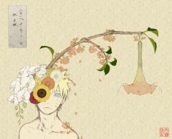  1boy bellflower blonde_hair blue_eyes branch collarbone facial_mark falling_petals faux_traditional_media flower flower_over_eye highres looking_at_viewer naruto_(series) naruto_shippuuden nikuyayoi one_eye_covered petals pink_flower serious solo spiked_hair sunflower toned toned_male topless_male uzumaki_naruto whisker_markings white_flower zinnia 