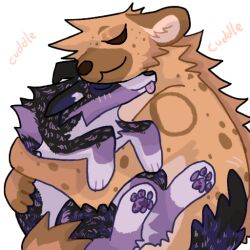  ambiguous_gender anthro canid canine cuddling duo feral fur guncht hug hyena mammal purple_body purple_fur smile telegram_sticker 