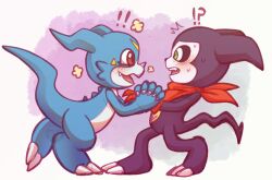  anthro bandai_namco blue_body blush digimon digimon_(species) dreamerawaken_(artist) duo embarrassed green_eyes hand_holding hi_res horn impmon kerchief male male/male neckerchief purple_body red_eyes romantic romantic_couple spade_tail tail veemon 