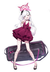  absurdres bag bag_behind_back bare_shoulders black_choker black_footwear black_hairband blue_archive blush bracelet choker dress duffel_bag earrings female fishnet_pantyhose fishnets full_body fur_shawl hairband halo highres holding holding_bag jewelry long_hair looking_at_viewer mutsuki_(blue_archive) mutsuki_(dress)_(blue_archive) official_alternate_costume open_mouth pantyhose pearl_earrings pink_eyes pointy_ears red_dress shawl simple_background sleeveless sleeveless_dress solo standing teeth toshizou_(0714) upper_teeth_only white_background white_fur white_hair 