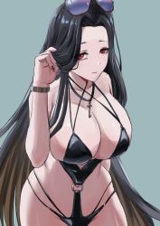  ankoh bare_shoulders bikini black_bikini black_hair black_nails breasts eyewear_on_head female goddess_of_victory:_nikke highres jewelry key large_breasts long_hair looking_at_viewer maiden_(nikke) maiden_(under_the_sun)_(nikke) nail_polish necklace parted_bangs red_eyes solo sunglasses swimsuit 