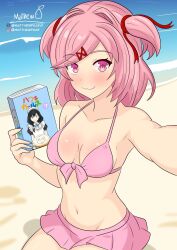  :3 armpits artist_name bare_shoulders beach bikini bikini_skirt blush bob_cut book breasts closed_mouth collarbone day doki_doki_literature_club english_commentary female from_above from_side front-tie_bikini_top front-tie_top groin hair_intakes hair_ornament hair_ribbon highres holding holding_book instagram_logo instagram_username kneeling looking_at_viewer looking_to_the_side looking_up manga_(object) matthew_pear medium_breasts midriff natsuki_(doki_doki_literature_club) navel ocean outdoors pink_bikini pink_eyes pink_hair pink_skirt reaching reaching_towards_viewer red_ribbon ribbon sand selfie short_hair signature sitting skirt smile solo summer swept_bangs swimsuit twitter_username twitter_x_logo two_side_up water x_hair_ornament 