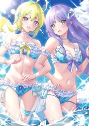  2girls ahoge amano_soraha aqua_eyes arm_garter ass_visible_through_thighs assault_lily banshouya_ena bare_arms bare_shoulders bikini blonde_hair blue_bikini blue_eyes blue_ribbon blue_sky bracelet breasts cleavage cloud collarbone commentary_request day floating_hair frilled_bikini frills hair_between_eyes hair_ribbon halterneck hand_up highres houji_tea_latte jewelry light_brown_hair locked_arms long_hair looking_at_viewer low_ponytail medium_breasts multi-strapped_bikini_bottom multiple_girls navel ocean official_alternate_costume outdoors parted_lips pearl_bracelet plaid_bikini plaid_clothes plaid_ribbon ponytail purple_hair purple_ribbon ribbon see-through sidelocks sky smile sparkle standing stomach sun sunlight swimsuit thigh_strap wading wristband yellow_ribbon 