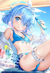  arona_(blue_archive) bare_shoulders bendy_straw bikini blue_archive blue_bikini blue_eyes blue_hair blue_sky bottle braid breasts closed_mouth cloud commentary_request cup day drinking_glass drinking_straw female food fruit fujima_takuya hair_over_shoulder hairband halo highres holding holding_bottle jacket long_sleeves looking_at_viewer multicolored_hair navel off_shoulder open_clothes open_jacket pink_hair puffy_long_sleeves puffy_sleeves ramune ribbon single_braid sky small_breasts smile solo swimsuit twitter_username two-tone_hair watermelon watermelon_slice white_hairband white_jacket white_ribbon 