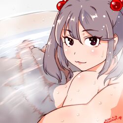  1boy bare_shoulders bathing brown_eyes female grey_hair kantai_collection lips looking_at_viewer moxtu69_eg nude pov sazanami_(kancolle) water 