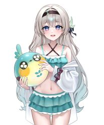  alternate_costume aqua_bikini aqua_hair bare_shoulders bikini female firefly_(honkai:_star_rail) gradient_hair grey_hair highres honkai:_star_rail honkai_(series) iro_(iro_252_) long_sleeves looking_at_viewer multicolored_eyes multicolored_hair navel open_mouth origami_bird_(honkai:_star_rail) simple_background smile solo stomach swimsuit unfinished white_background 