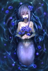  blue_eyes blue_flower blue_hair dark_blue_hair female flower flower_on_chest flower_on_mouth hair_flower hair_ornament hand_fold highres holding holding_flower kneeless_mermaid looking_at_viewer lying_on_water mermaid monster_girl original ripples solo souna water watermark 