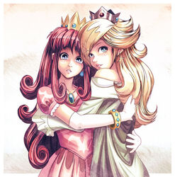  2girls blonde_hair blue_eyes bracelet brown_hair crown earrings elbow_gloves gloves hair_over_one_eye hug jewelry long_hair mario_(series) multiple_girls nintendo princess_rosalina princess_shokora rosalina_(mario) rosetta_(mario) shokora super_mario_bros. super_mario_galaxy wario_land yuri 