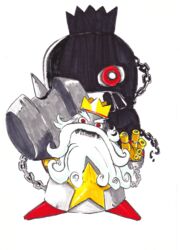  bad_id bad_pixiv_id chains crown hammer highres mario_(series) marker_(medium) nib_pen_(medium) no_humans red_eyes smithy solo star_(symbol) super_mario_rpg traditional_media tsukasa-emon 