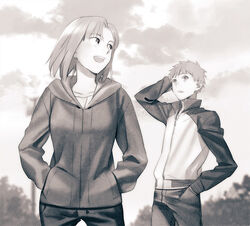  1boy bad_id bad_pixiv_id emiya_shirou fate/stay_night fate_(series) female greyscale hands_in_pockets hood hoodie jacket mitsuzuri_ayako monochrome short_hair taa_(acid) track_jacket 