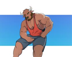  2018 5_fingers abs anthro beard biceps bovid bovine bozi cattle clothing digital_media_(artwork) facial_hair fingers fur hi_res horn kemono male mammal muscular muscular_anthro muscular_male nipples pecs shirt simple_background solo tank_top topwear 