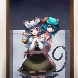  2girls absurdres animal_ears basket blush capelet commentary_request dress eating green_eyes green_hair grey_hair hand_on_another&#039;s_shoulder highres jewelry kasodani_kyouko mouse_(animal) mouse_ears mouse_tail multiple_girls nazrin open_mouth own_hands_together pendant raionsan red_eyes short_hair skirt smile tail touhou 