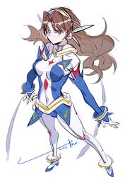  arika_yumemiya blue_eyes bodysuit brown_hair commentary_request dated expressionless female floating_hair from_above full_body long_hair my-otome signature solo standing towtow_redoland white_background 