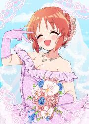  ^_^ abe_nana alternate_hairstyle bare_shoulders blue_sky blush bouquet breasts bridal_veil brown_hair cleavage closed_eyes collarbone day dress earrings elbow_gloves female flower gloves hair_flower hair_ornament hand_up heart heart_earrings heart_necklace highres holding holding_bouquet idolmaster idolmaster_cinderella_girls idolmaster_cinderella_girls_starlight_stage jewelry medium_breasts necklace off-shoulder_dress off_shoulder open_mouth pink_flower purple_dress purple_gloves short_hair sky smile solo sparkle sukoyaka_(100hituzi) teardrop upper_body veil w wedding_dress 