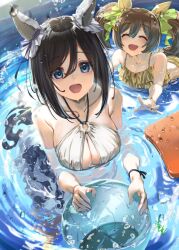  2girls ^_^ animal_ears armpit_crease ball bare_shoulders beachball bikini black_hair blue_eyes blush breasts brown_hair cleavage closed_eyes collarbone ear_covers eishin_flash_(umamusume) frilled_bikini frills holding holding_ball horse_ears horse_girl horse_tail kickboard looking_at_viewer medium_breasts medium_hair multiple_girls ocean open_mouth reaching_towards_another ripples short_hair signature small_breasts smart_falcon_(umamusume) smile swimming swimsuit tail twintails umamusume water wet white_bikini wristband yellow_bikini youmou_usagi 