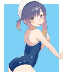  :p ass blue_background blue_one-piece_swimsuit blush border competition_school_swimsuit female flat_chest from_behind gradient_hair hat highres kantai_collection looking_at_viewer multicolored_eyes multicolored_hair one-piece_swimsuit one_side_up orange_hair outside_border purple_eyes purple_hair sakieko school_swimsuit short_hair_with_long_locks sidelocks simple_background solo swimsuit tongue tongue_out tsushima_(kancolle) turning_head v white_border white_hat yellow_eyes 