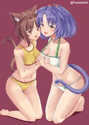  2girls :d animal_ear_fluff animal_ears asymmetrical_docking azuki_(nekopara) bare_arms bare_legs barefoot blunt_bangs blush bow bra breast_press breasts brown_eyes brown_hair cameltoe cat_ears cat_girl cat_lingerie cat_tail cinnamon_(nekopara) cleavage collarbone commentary commission curvy english_commentary floppy_ears full_body hair_down hairbow halterneck happy heads_together highres holding_hands interlocked_fingers kneeling large_breasts looking_at_viewer medium_hair meme_attire multiple_girls navel nekopara oerba_yun_fang open_mouth panties parted_bangs purple_hair raised_eyebrows red_background red_bow shy simple_background skindentation slit_pupils small_breasts smile soles straight_hair sweat tail tail_raised thigh_gap thighs tiptoes toes tsutaro_(tsu_taro) twitter_username underwear underwear_only watermark white_bra white_panties yellow_bra yellow_eyes yellow_panties 