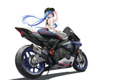  absurdres ass azur_lane black_hat black_pants blue_hair essex_(azur_lane) female hair_between_eyes hat highres leaning_forward motor_vehicle motorcycle on_motorcycle pants peaked_cap red_eyes shiba_inuza simple_background solo white_background yamaha 