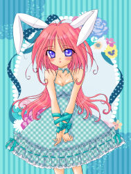  2000s_(style) ahoge animal_ears aqua_ribbon blue_background blue_eyes blue_flower blush bound bound_wrists bouquet breasts breasts_squeezed_together cleavage commentary_request cowboy_shot curly_hair female flower gingham_dress highres kochomi lace_background lolita_fashion long_hair looking_at_viewer mixed_media neck_ribbon original pink_hair pink_lips plaid_ribbon rabbit_ears ribbon ribbon_bondage solo standing striped_background upper_body white_flower yellow_flower 