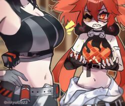  2girls bare_shoulders black_hair breast_conscious breast_envy breasts cleavage crop_top eyepatch fingerless_gloves gloves grace_howard head_out_of_frame height_difference koleda_belobog large_breasts long_hair looking_at_breasts multiple_girls navel red_hair sharp_teeth shitsu_(kurikaesi) sports_bra teeth zenless_zone_zero 