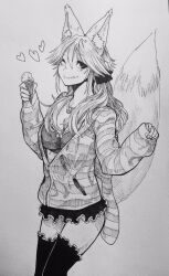  :p animal_ear_fluff animal_ears breasts cleavage closed_mouth commentary_request cowboy_shot fate/extra fate/extra_ccc fate/grand_order fate_(series) female fingernails food fox_ears fox_girl fox_tail graphite_(medium) greyscale heart holding holding_food holding_ice_cream ice_cream ice_cream_cone jacket long_hair looking_at_viewer medium_breasts miniskirt monochrome official_alternate_costume one_eye_closed open_clothes open_jacket ozma_(yozakura) partially_unzipped simple_background skirt sleeves_past_wrists smile solo sports_bra striped_clothes striped_jacket tail tamamo_(fate) tamamo_no_mae_(fate/extra) tamamo_no_mae_(spring_casual)_(fate) thighhighs tongue tongue_out traditional_media zipper 