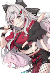  ahoge aqua_hair belt black_belt black_bow black_gloves black_necktie black_shorts bow bra_strap bracelet breasts chains clothes_writing crop_top crop_top_overhang earrings female fingerless_gloves fishnet_pantyhose fishnets gloves grey_eyes grey_hair grin hair_ornament hairbow hairclip half-skirt heterochromia highres holding holding_microphone ishigami_nozomi ishigami_nozomi_(1st_costume) jewelry long_hair looking_at_viewer loose_belt medium_breasts microphone midriff miniskirt multicolored_hair music necktie nijisanji off-shoulder_shirt off_shoulder outstretched_hand pantyhose pink_eyes pink_hair plaid_clothes plaid_skirt pleated_skirt polka_dot polka_dot_bow red_nails red_shirt red_skirt shirt short_shorts shorts simple_background singing single_glove skirt smile solo spiked_ear_piercing streaked_hair studded_bracelet user_dttw2327 very_long_hair virtual_youtuber white_background 