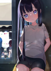  arms_behind_back black_hair blue_eyes blunt_bangs blurry blurry_background blush breasts closed_mouth colored_inner_hair commentary_request cowboy_shot depth_of_field diffraction_spikes female gym_shirt gym_shorts gym_uniform kanro_ame_(ameko) lens_flare long_hair long_sidelocks looking_at_viewer multicolored_hair original pom_pom_(cheerleading) shirt short_sleeves shorts sidelocks small_breasts smile solo_focus sweat t-shirt very_long_sidelocks very_sweaty white_shirt 