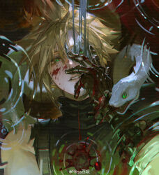  1boy absurdres animal blonde_hair blood blood_on_clothes blood_on_face blood_on_hands cloud_strife earrings final_fantasy final_fantasy_vii final_fantasy_vii_remake forked_tongue gloves green_eyes hand_on_own_face highres jewelry looking_at_viewer reflection reflective_water ripples shirt short_hair single_shoulder_pad sleeveless sleeveless_turtleneck slit_pupils snake spiked_hair suspenders tongue turtleneck upper_body water watermark weibo_6612215652 weibo_watermark white_snake 